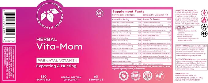 Mountain Meadow Herbs Vita-MOM Prenatal Vitamins – Herbal Supplement for Women with Folic Acid, Iron, Multivitamins & Organic Herbs – 120 Softgels (2-Month Supply)