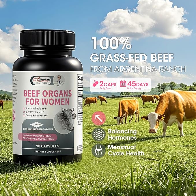 Beef Organ Supplement for Women - Grass Fed Beef Liver Uterus* Adrenals Heart Bone Marrow Colostrum for Female Hormo*nal Diges*tive Ener*gy Immunity* Beauty* | Non-GMO Gluten-Free (90 Capsules)