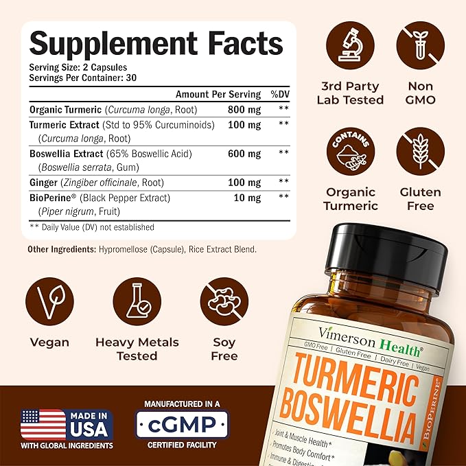 Turmeric Curcumin Supplement with Boswellia Serrata, Ginger Root, Organic Turmeric Powder & Black Pepper - 95% Curcuminoids Turmeric Supplement with Boswellia Extract - Gluten Free Tumeric Caps 2-Pack