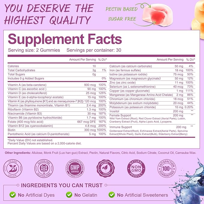 (2 Pcs) Sugar Free Womens Multivitamin Gummies with Iron, Women's Multivitamin w/Vitamins C, D3 K2, B12, B6, Filled Gummies for Daily Nutritional Support| Immune Support| Skin Health, Mixed Flavors