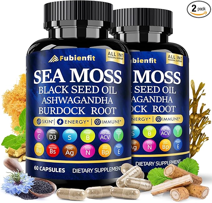 (2 Pack) Organic Sea Moss Capsules - Contain seamoss Black Seed Oil ashwagandha Burdock Root Ginger & Essential Vitamins - Superfood for Immune Boost, Digestive Health, and Overall Wellness