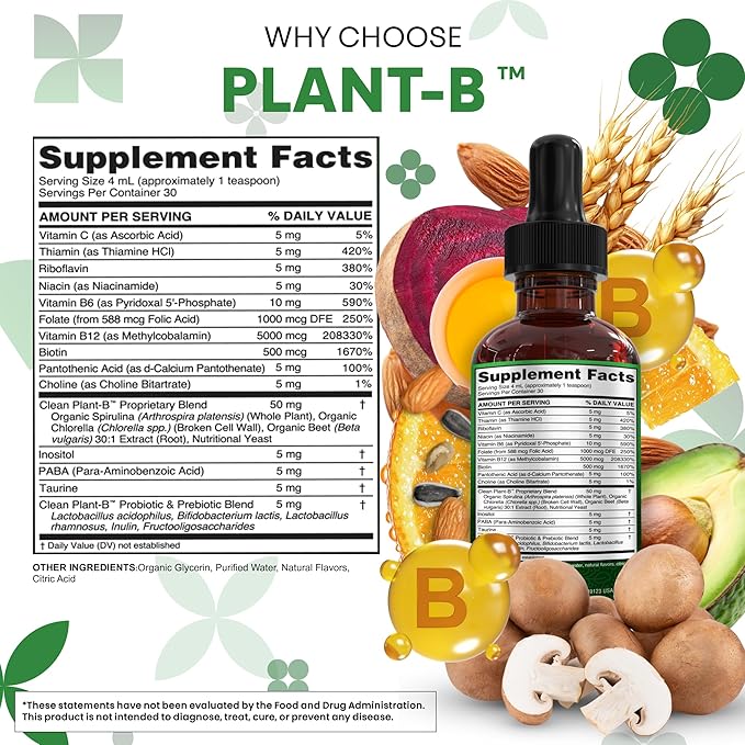Vitamin B Complex Liquid Drops | Thiamine B1, B6, B2, B3, B4, B5, B7 B9, B12, Niacinamide, Paba, Choline Inositol Taurine Probiotics Beet Root Spirulina - Plant-B Vitamin Supplements by Clean Nutra