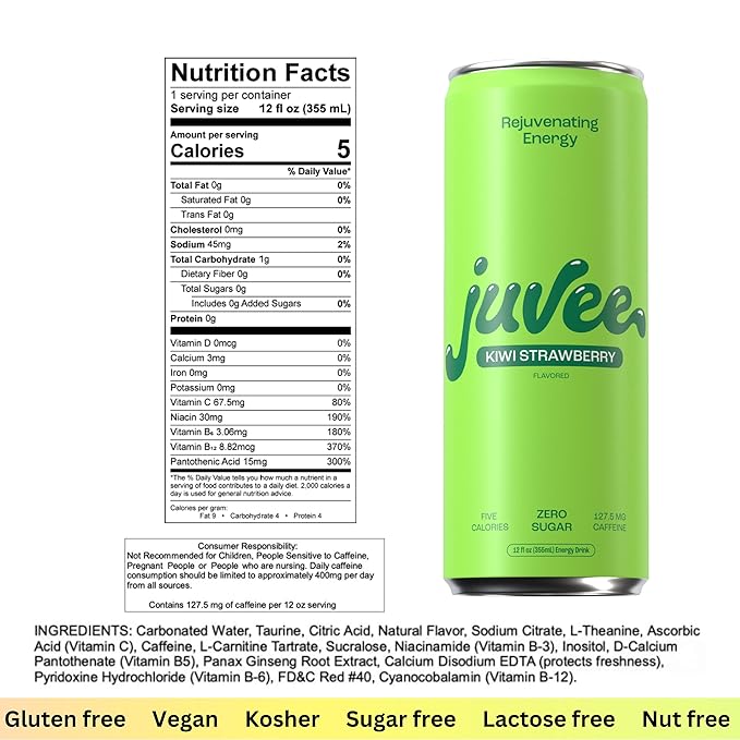 Juvee Energy Drink 0 Sugar 5 Calories (Pack of 12) (KIWI STRAWBERRY)