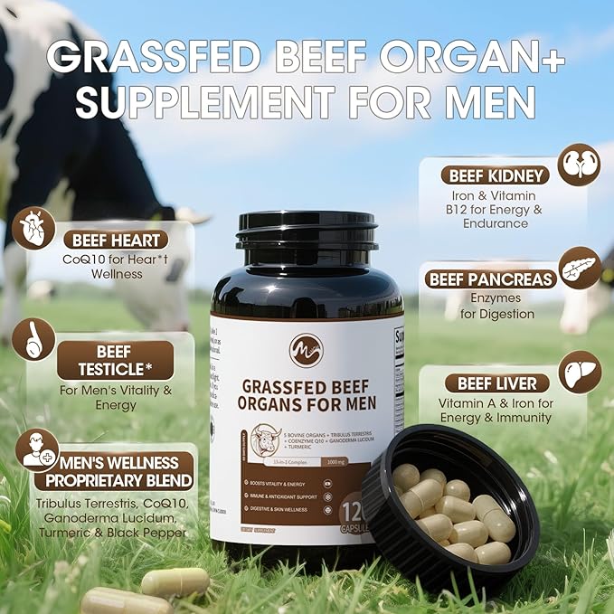 Beef Organs Supplement for Men, Beef Liver, Kidney, Heart, Pancreas, Tribulus Terrestris, CoQ10, Ganoderma for Men's Vitali*ty, Energ*y, Immune, Ant*i-oxidant Support, Non-GMO, Gluten-Free, 120 Count