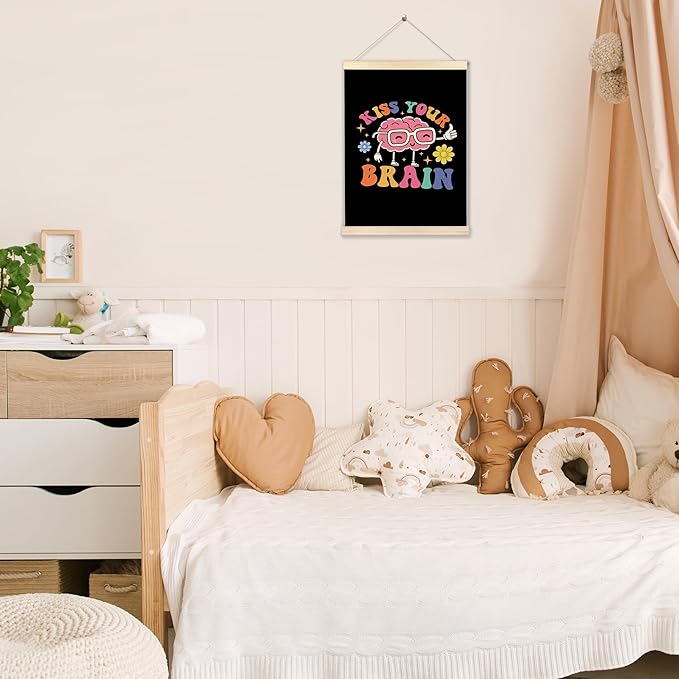 Ecezatik Mental Health Wall Decor, Kiss Your Brain Inspirational Poster Hanger Frame, Motivational Wall Decor for Classroom Nursery Kids Room Playroom, 12x16 Inches