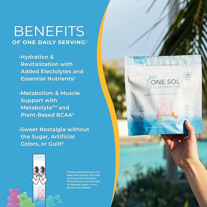 One Sol BCAA & Electrolyte Powder for Hydration & Energy, All-Natural Formula, 100% Vegan, Non-GMO, Gluten Free & Soy-Free, Promotes Muscle Growth & Recovery, Gummy Bear Flavor