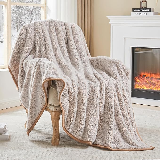 EMME Fuzzy Blanket Soft Fleece Throw Blankets for Women, Fluffy Sherpa Throws(Plush Khaki,90"x90")