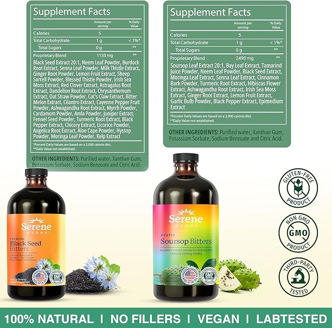 Serene Herbs Soursop Bitters Liquid & Black Seed Bundle – Organic Herbal Guanabana for Digestive Support & Immune Health – Vegan, Non-GMO – 32 oz (16 oz Each), 64 Servings