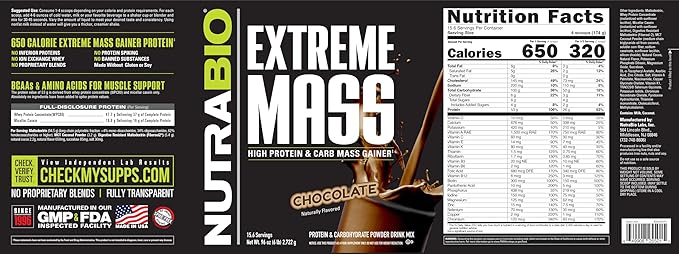 NutraBio Extreme Mass Gainer Protein Powder, 53G Protein, Clean Weight Gainer, Increase Muscle Mass, Full Spectrum Amino Acid - Chocolate, 6 Pound