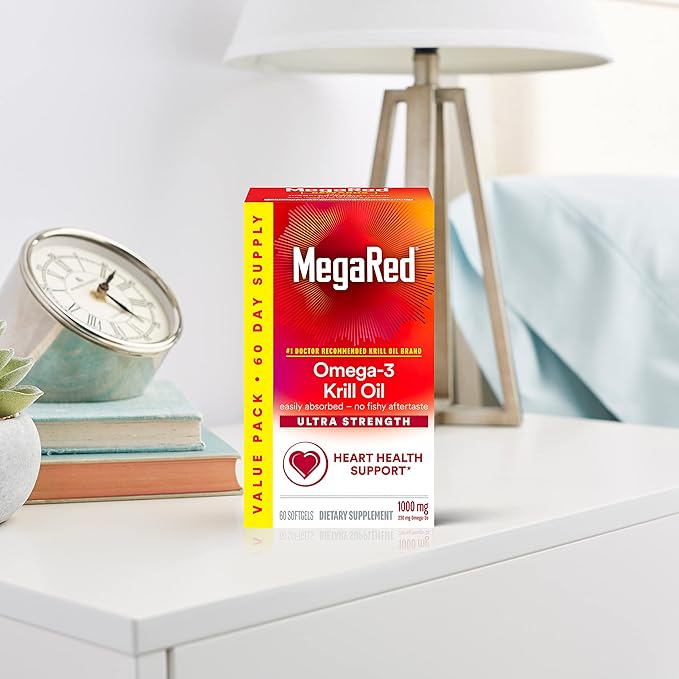 MegaRed Ultra Strength 1000mg Omega-3 Krill Oil Supplement with EPA/DHA, Astaxanthin & Phospholipids, No Fish Oil Aftertaste Supports Heart, Brain, Joint and Eye Health, 60 Count Softgels.