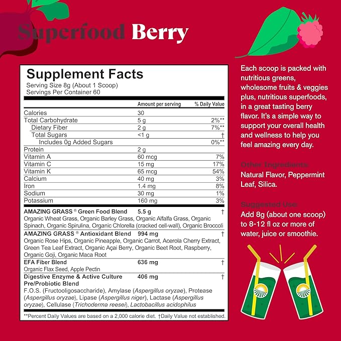 Amazing Grass Greens Blend Superfood: Super Greens Powder Smoothie Mix with Spirulina, Chlorella, Beet Root Powder, Digestive Enzymes & Probiotics, Berry, 60 Servings (Packaging May Vary)
