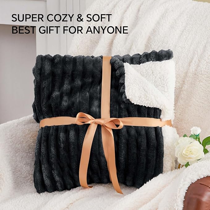 INFIIXSO Sherpa Fleece Queen Size Blanket - Super Soft & Warm Striped Fleece, Cozy Plush Fluffy Large Bed Blanket All Season Use (Black, 90x90 Inches)