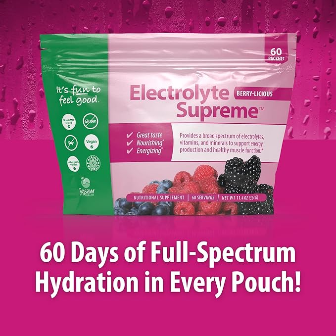 Jigsaw Health Electrolyte Supreme | Broad Spectrum of Electrolytes + Trace Minerals | Berry-Licious Flavor | 60 Servings (Packets)