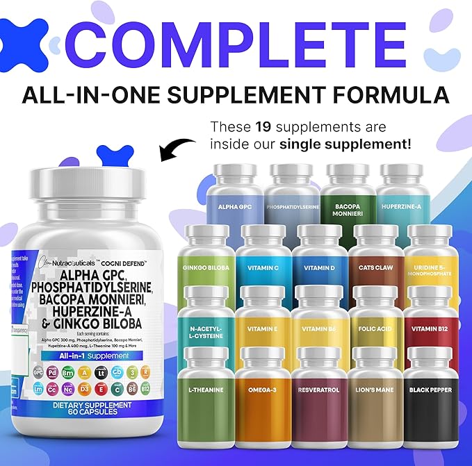 Clean Nutraceuticals Alpha GPC Choline Phosphatidylserine Bacopa Monnieri Ginkgo Biloba Huperzine A Supplement with Urdine Lions Mane Cats Claw NAC Vitamin C B D E