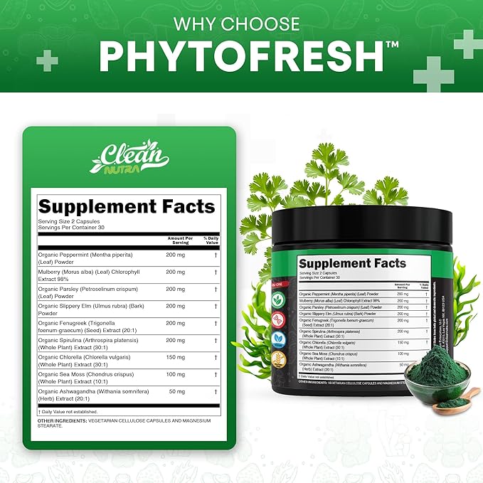 Clean Nutra Chlorophyll Capsules Supplement Internal Deodorant Peppermint, Sea Moss, Parsley, Chlorella, Spirulina, Slippery Elm, Ashwagandha, PhytoFresh Greens Detox Pills