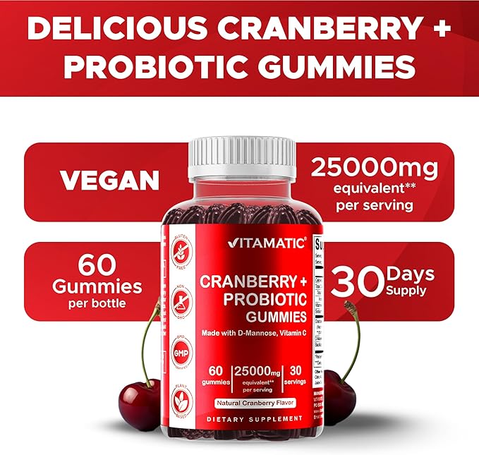 Vitamatic Vegan Cranberry Gummies with D-Mannose, Probiotics & Vitamin C – 25,000 mg Equivalent per Serving (from 50:1 Extract 500 mg) – 60 Count – Urinary Tract Health Support for Women