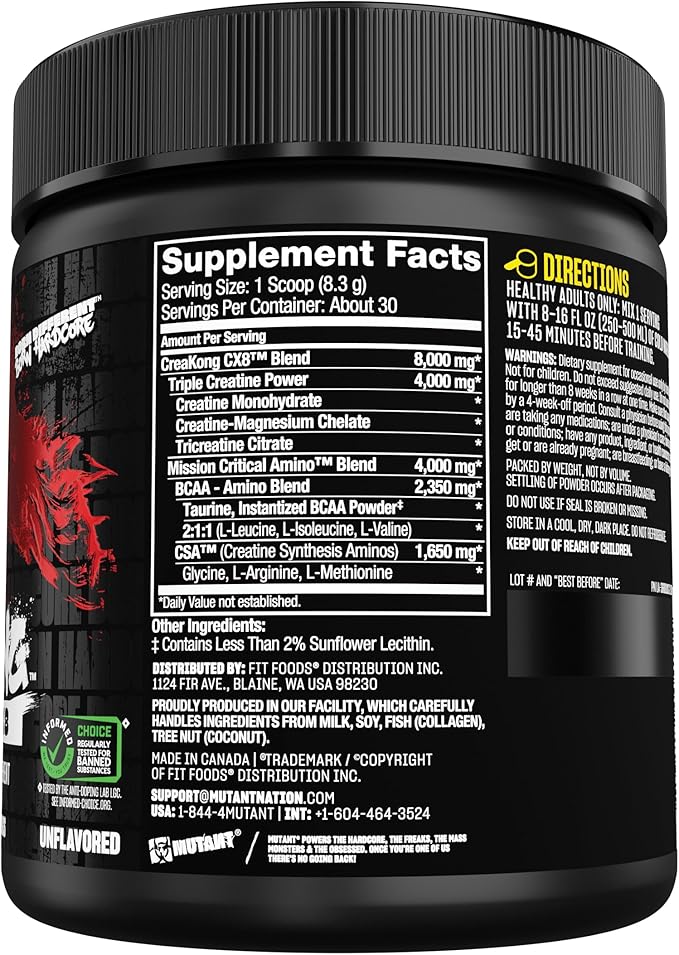 Mutant CREAKONG CX8 – Advanced Creatine + Amino Supplement with 4g Triple Creatine Blend, 4g Amino Blend (BCAAs & Taurine) for Muscle Growth & Performance – Unflavoured, 249g (30 Servings)