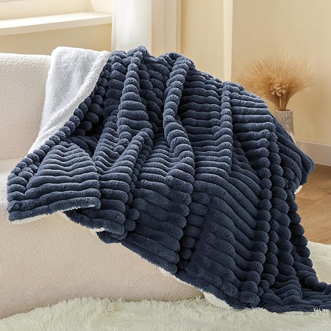 INFIIXSO Sherpa Throw Blanket for Couch - Super Soft & Warm Striped Fleece Blanket, Cozy Plush Fluffy Blanket All Season Use (Navy Blue, 60x80 Inches)