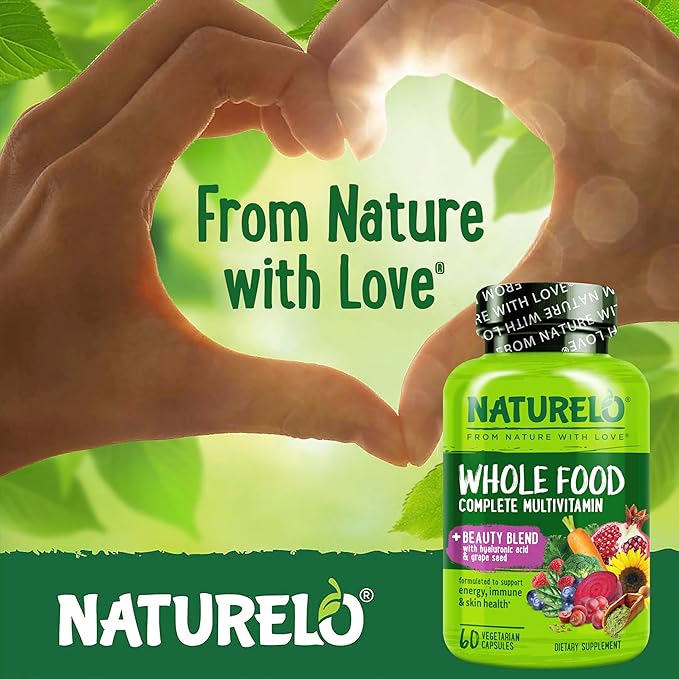 NATURELO Whole Food Multivitamin with Extra Hair, Skin & Nails Support - Beauty Blend with Hyaluronic Acid & Grape Seed - High Potency Biotin, Vitamin C, & Glutathione, 60 Vegan Capsules (Pack of 2)