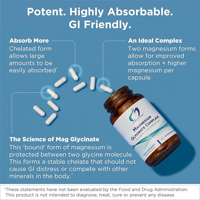 Designs for Health Magnesium Glycinate Complex - Chelated Magnesium Bisglycinate + High Absorption Magnesium for Calming & Sleep, Heart Health, Immune Support & Bone Strength - Vegan (60 Capsules)