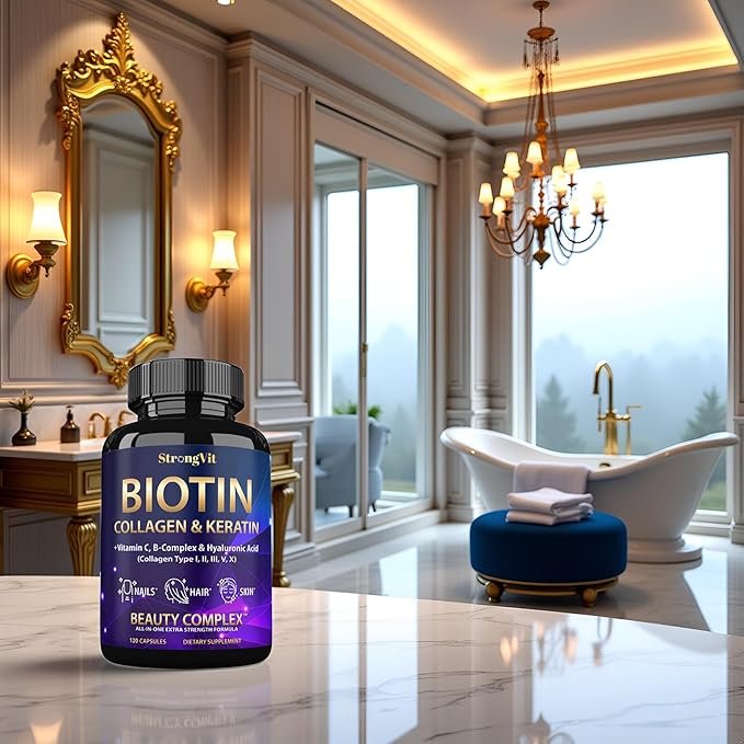Biotin with Hyaluronic Acid, Keratin, and Collagen Supplements - Hair Growth Vitamins for Women and Men, Healthy Nails and Skin, B1, B2, B3, B6, B7 Complex, USA (120 Capsules)