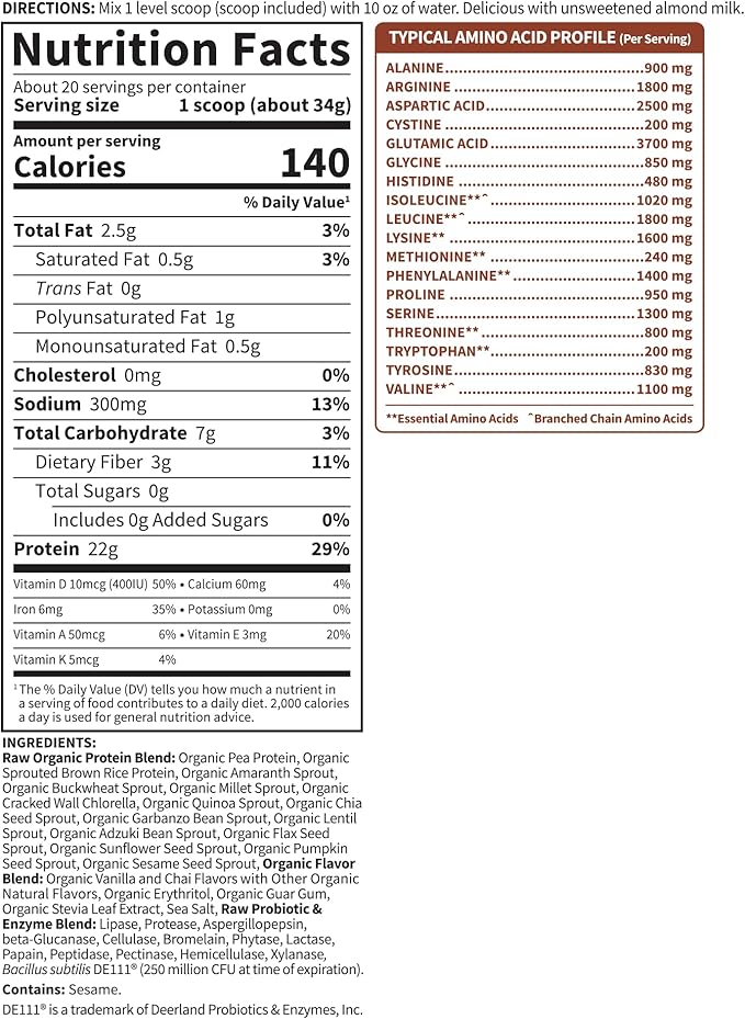 Garden of Life Organic Vegan Protein Powder, Plant Based & BCAAs, Organic Protein Powder with Probiotics & Enzymes, Non-GMO, Gluten-Free Lactose Free 1.2 LB