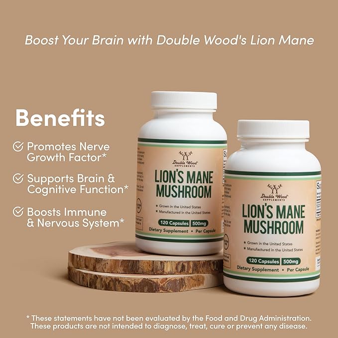 Organic Lions Mane Mushroom Capsules (120 Count), for Brain Support and Immune Health, Third Party Tested and Grown in The USA - by Double Wood