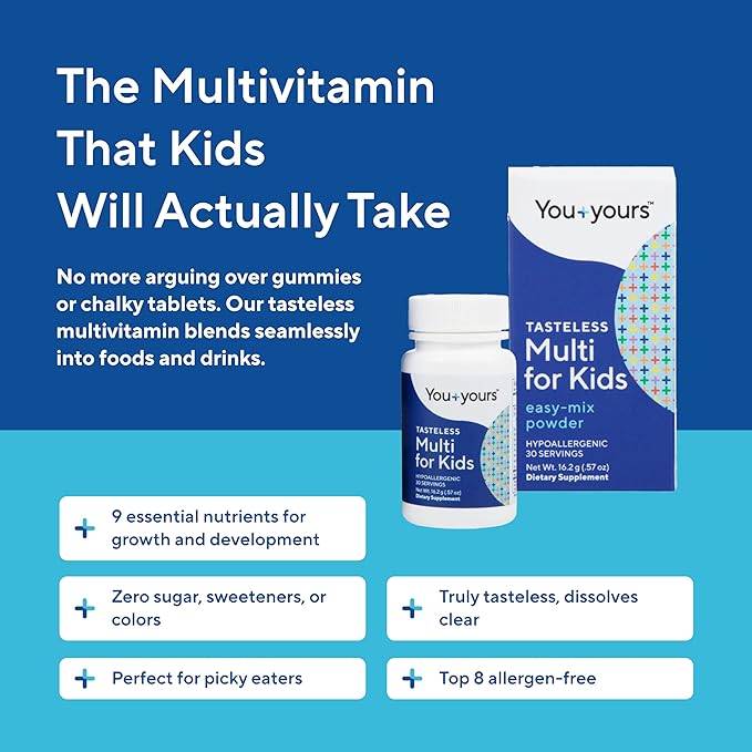 Tasteless Multivitamin Powder for Kids + Toddlers- No Sweeteners, Flavors, Colors or Preservatives. Add to Beverages or Food. Pure, Flavorless Children's Multivitamin Supplement.