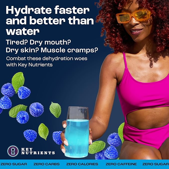 KEY NUTRIENTS Electrolytes Powder Packets 20 Pack - No Sugar, Delicious Blue Raspberry, Hydration Packets with Electrolyte Powder for Refreshing Electrolyte Drink Mix Packets - Zero Calories