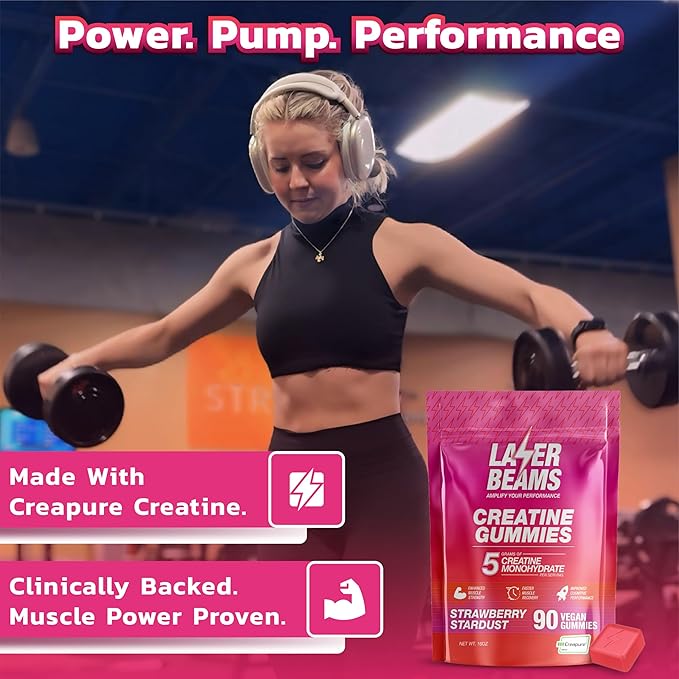 Creatine Monohydrate Gummies - 5g Creapure Creatine per Serving - Vegan - Boost Muscle Strength, Endurance, Recovery & Mental Focus - 90 Gummies, Gluten-Free (Strawberry)