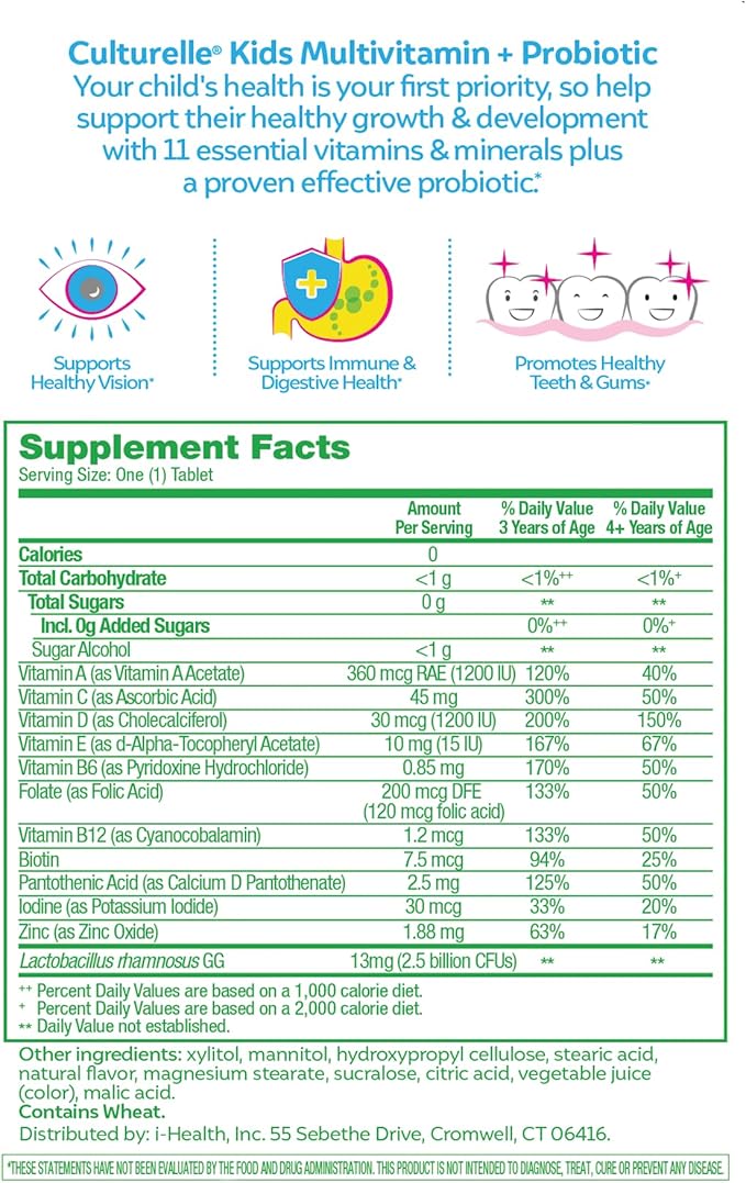 Culturelle Kids Complete Chewable Multivitamin + Probiotic For Kids, Ages 3+, 50 Count, Digestive Health, Oral Health & Immune Support - With 11 Vitamins & Minerals, including Vitamin C, D3 & Zinc