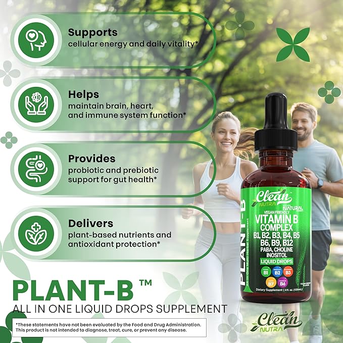 Vitamin B Complex Liquid Drops | Thiamine B1, B6, B2, B3, B4, B5, B7 B9, B12, Niacinamide, Paba, Choline Inositol Taurine Probiotics Beet Root Spirulina - Plant-B Vitamin Supplements by Clean Nutra
