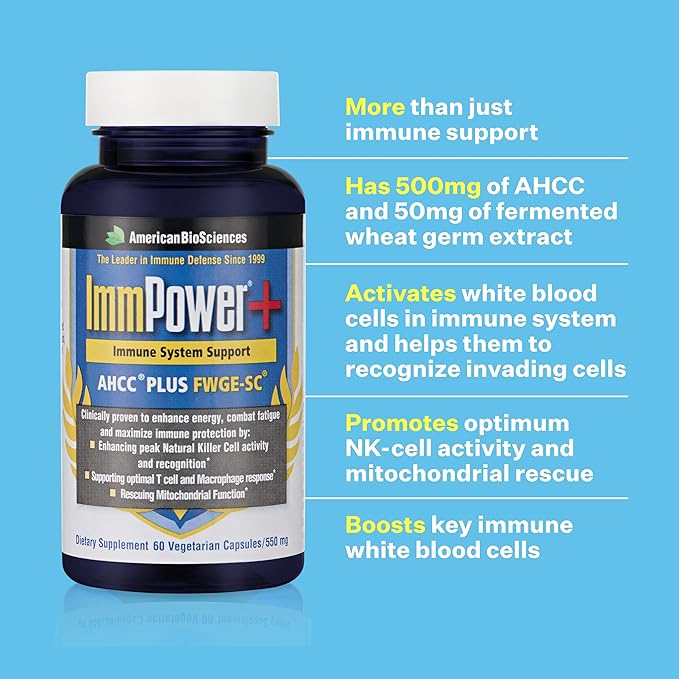 ImmPower Plus, AHCC & Fermented Wheat Germ Extract Herbal Supplement, 550mg per Capsule for Immune Support, Maintains Natural Killer Cell Activity, Pack of 1, 60 Veggie Capsules