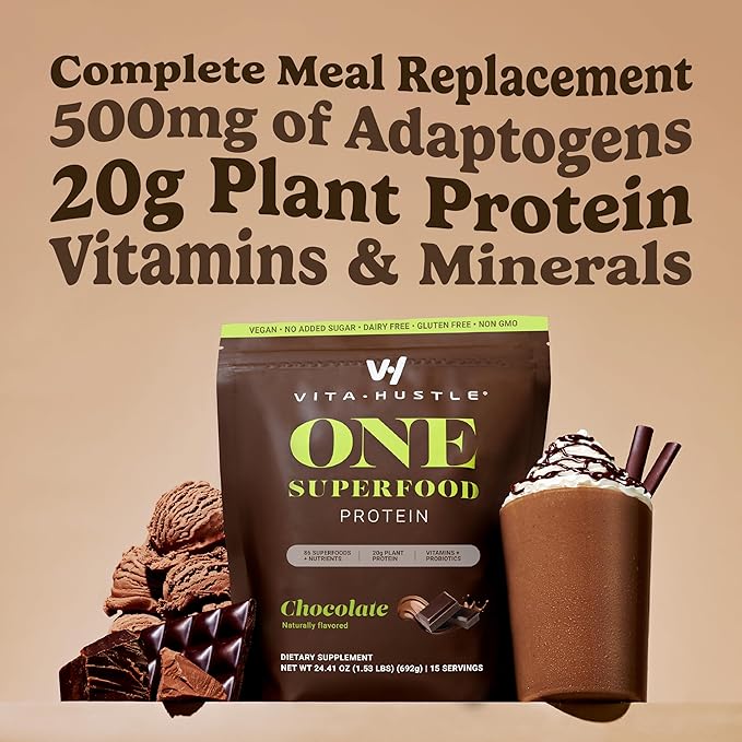VitaHustle ONE Meal Replacement Shake - Plant Based Protein Powder by Kevin Hart - Vegan, Meal Replacement Powder with Superfoods, Vitamins, Adaptogens & Probiotics - Chocolate and Vanilla Flavor, 30 Servings