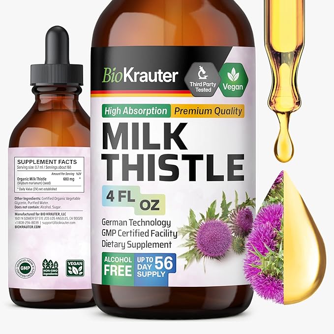 BIO KRAUTER Milk Thistle Extract Liquid - Silymarin Milk Thistle Supplement - Vegan, Alcohol & Sugar Free Liver Cleanse Detox Drops - 4 fl oz