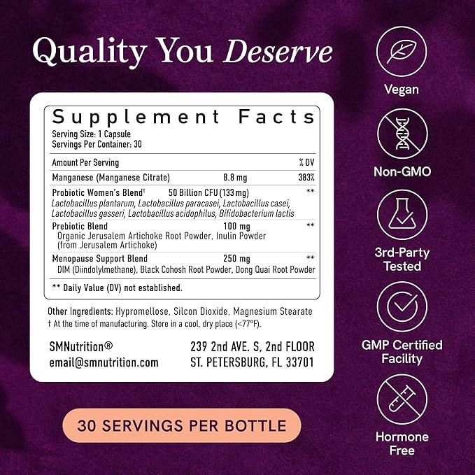 Menopause Support with Prebiotics and Probiotics for Women | Hormone Balance, Hot Flashes & Night Sweats | 50 Billion CFU, DIM & Black Cohosh | Triple Action Menopause Supplements for Women | 30 Ct