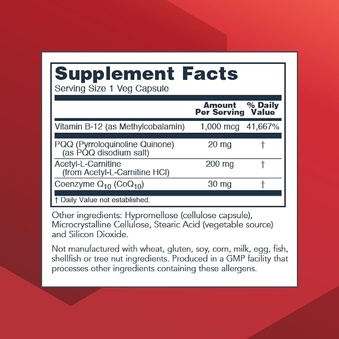 PROTOCOL FOR LIFE BALANCE PQQ Complex - Mitochondrial Health - with CoQ10 & L Carnitine - B Vitamin - Supplement for Energy - 30 Veg Caps