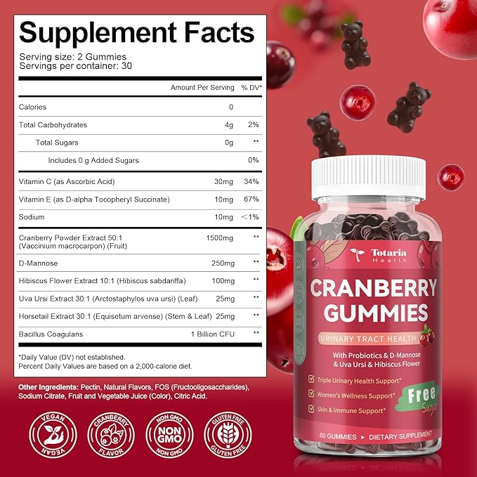2 Pack Vegan Cranberry Gummies with D-Mannose, Probiotic & Vitamin C & Uva Ursi - Women Urinary Tract Health & Immune Support -Suger Free Cranberry Supplements for Women - 120 Count