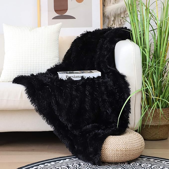 Tuddrom Decorative Extra Soft Faux Fur Blanket Queen Size 80" x 90",Solid Reversible Fuzzy Fluffy Cozy Plush Fleece Comfy Microfiber Fur Blanket for Couch Sofa Bed,Black