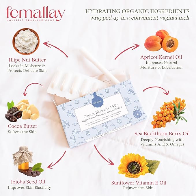 Femallay Organic Vaginal Moisturizing Suppository Melts - 100% Natural Suppositories for Vaginal Odor and Dryness Relief, Ultra-Hydrating Fast-Acting Comfort (Blueberry)