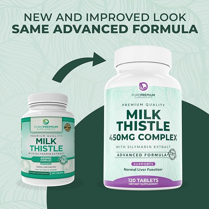 PurePremium Milk Thistle Supplement, 120 Tablets, 80% Silymarin Standardized Extract - High Potency Pure 450mg Complex – Supports Normal Liver Function & Overall Health – Non-GMO, Gluten-Free