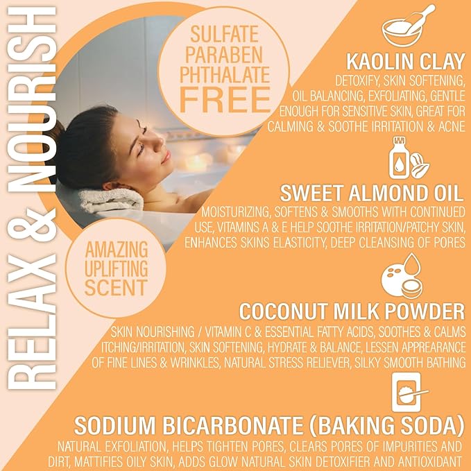 Vegan Milk Bath Soak Made with Moisturizing Coconut Milk Powder & Sweet Almond Oil for a Bath Bomb Dust Soothing Fizz & Relaxing Soak, 8 oz. (Orange Creamsicle)