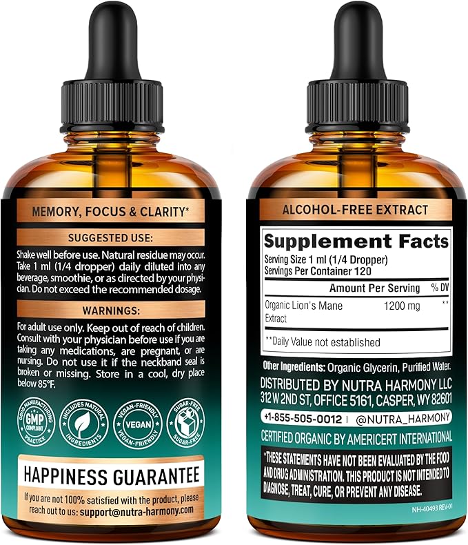 Lions Mane Liquid - USDA Certified Organic Lions Mane Supplement - Brain Support, Energy, Memory & Focus - Sugar & Alcohol-Free Lion's Mane Mushroom Extract 72,000 mg / Bottle - 4fl oz, 4 Month Supply
