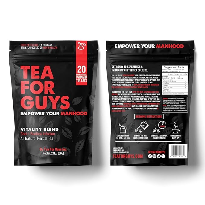 Tea For Guys: Vitality Blend – Natural Support for Testosterone, Libido, Prostate and Male Fertility | Herbal Tea for Energy & Wellness – 20 Biodegradable Tea Bags