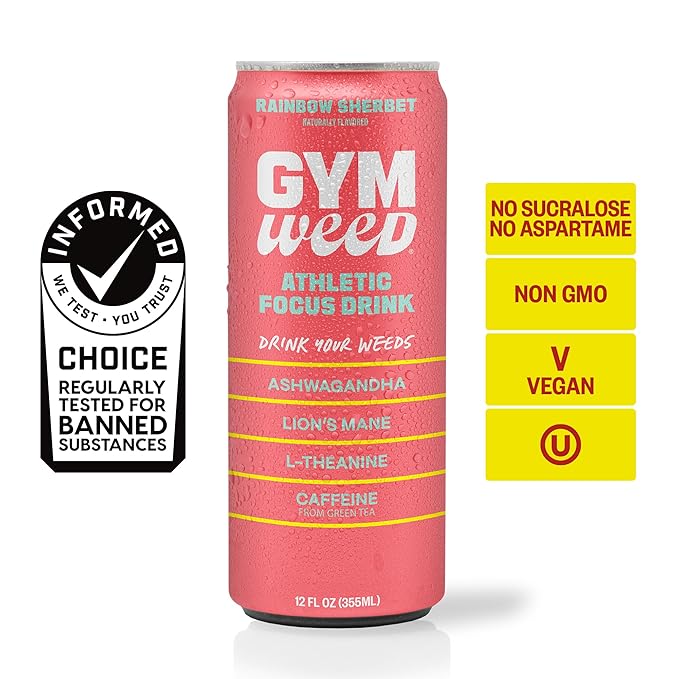 GYM WEED Athletic Focus Drink with KSM-66 Ashwagandha, Lion's Mane Mushroom, L-Theanine, 200mg Green Tea Caffeine with Natural Sweeteners Rainbow Sherbet Flavor, 12 Pack