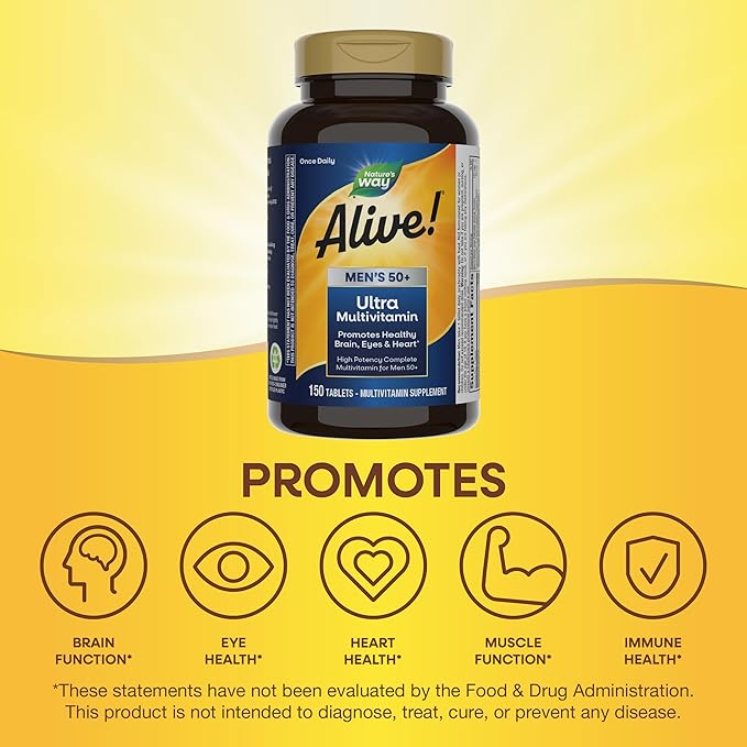 Nature's Way Alive! Men’s 50+ Daily Ultra Multivitamins, High Potency Formula, Supports Healthy Brain, Eyes & Heart*, with Methylated Vitamin B12, Gluten-Free, 150 Tablets