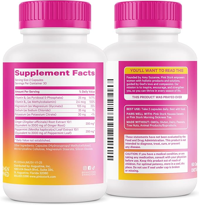 Pink Stork Vitamin B6, Ginger, Electrolyte Capsule - GLP1 Support - Natural Digestive Support with Peppermint, Potassium, Magnesium - Gentle on The Stomach - Motion Sickness Must Haves - 60ct