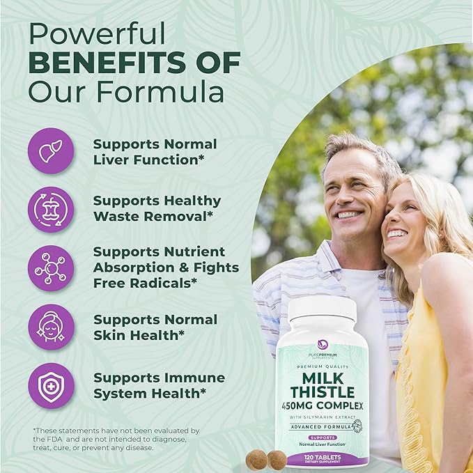 PurePremium Milk Thistle Supplement, 120 Tablets, 80% Silymarin Standardized Extract - High Potency Pure 450mg Complex – Supports Normal Liver Function & Overall Health – Non-GMO, Gluten-Free