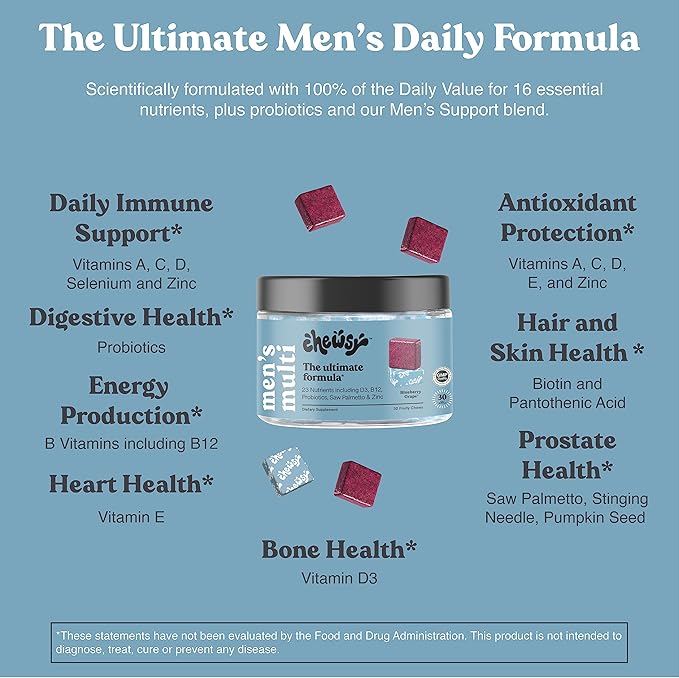 CHEWSY - Men's Multivitamin Chews - Immune and Energy Support, Vitamin A, B12, C, D3, E, Folic Acid, Probiotics, Zinc - 30-Day Supply