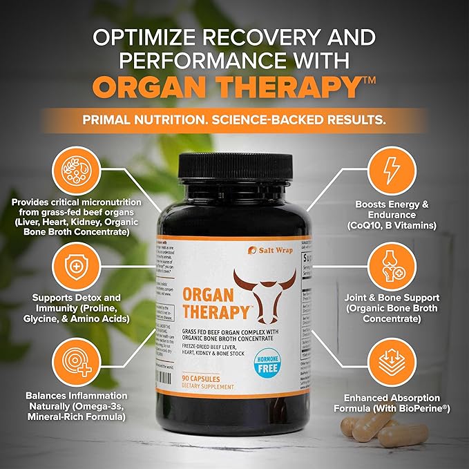 SaltWrap Organ Therapy - Grass Fed Beef Organ Meat Complex Supplement with Organic Bone Broth Concentrate (Beef Liver, Heart, Kidney and Bone Broth Capsules with BioPerine) Desiccated, 90 Capsules